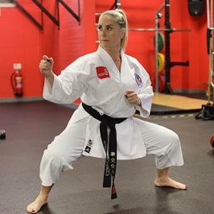 Clare Challinor in a karate pose at Sir Stanley Matthews Sports Centre