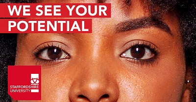 Close-up of a woman's eyes beneath the words 'WE SEE YOUR POTENTIAL' and a university logo.