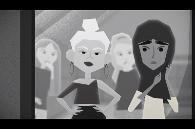 An animated scene showing a young girl in a hijab being bullied at school