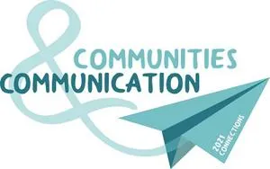 Teal 'Communities & Communication' logo with a looping line and paper aeroplane.