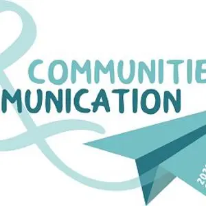 Teal 'Communities & Communication' logo with a looping line and paper aeroplane.