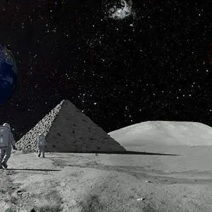 Three astronauts walking towards a pyramid on the moon