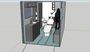 3D rendering of a compact dental treatment room fitted inside a mobile van.