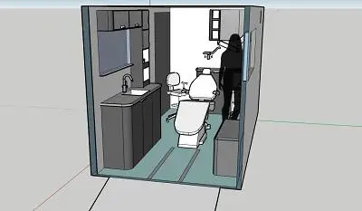 3D rendering of a compact dental treatment room fitted inside a mobile van.