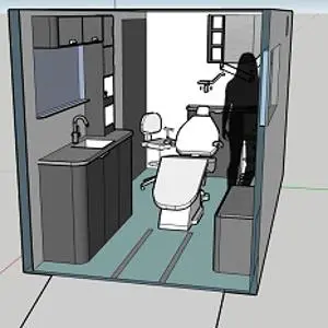 3D rendering of a compact dental treatment room fitted inside a mobile van.