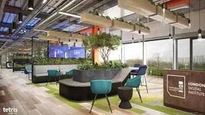 Rendering of a modern Digital Loft reception with sofas, tables, plants and exposed services.