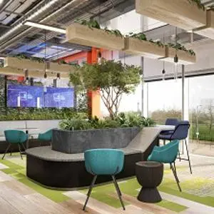 Rendering of a modern Digital Loft reception with sofas, tables, plants and exposed services.