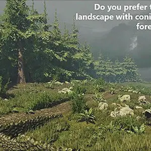 Virtual conifer forest landscape with the question 'Do you prefer the landscape with conifer forest?'
