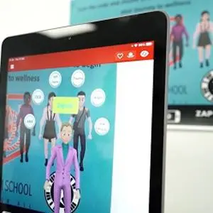 Hand holds a tablet displaying an augmented-reality wellbeing app with animated characters.