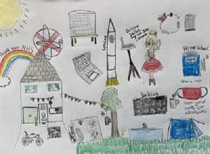 Child's drawing filled with pandemic-era scenes including masks, rainbows, home school and a hospital.