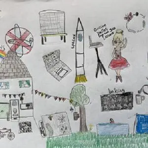 Child's drawing filled with pandemic-era scenes including masks, rainbows, home school and a hospital.