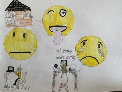 Children's drawing showing emojis and images of being isolated in the home