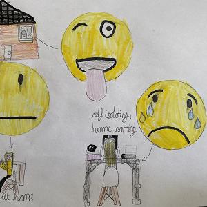 Children's drawing showing emojis and images of being isolated in the home