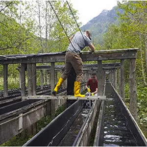 The Lunzer Rinnen experimental flumes during the cleaning and experiment set-up process