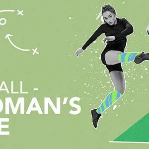 A poster for the conference featuring a woman kickng a football