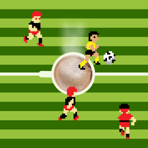 Image of video game style characters playing football against a background of a cup of coffee