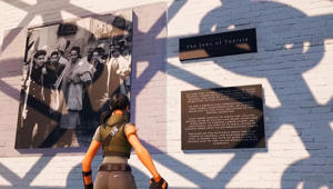 A player in Fornite looking at information in the game's Holocaust museum