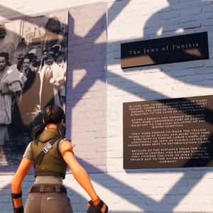 A player in Fornite looking at information in the game's Holocaust museum