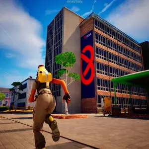 A Fornite character running through a virtual University of Staffordshire campus