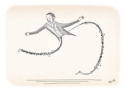 Minimalist ink drawing of a suited man trailing a looping dotted line across a pale background.