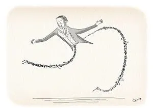 Minimalist ink drawing of a suited man trailing a looping dotted line across a pale background.