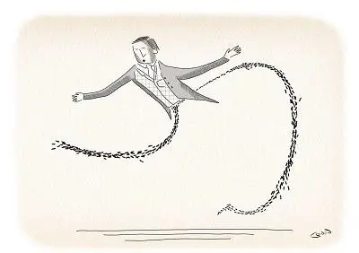 Minimalist ink drawing of a suited man trailing a looping dotted line across a pale background.