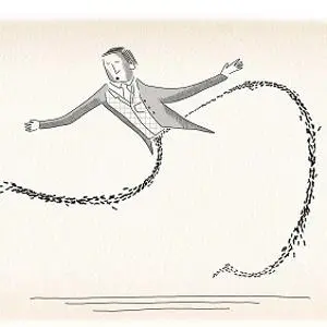 Minimalist ink drawing of a suited man trailing a looping dotted line across a pale background.