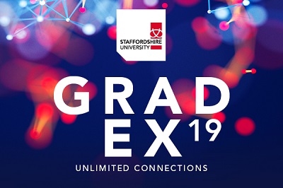 GradEX19 graphic with bright pink and blue lights and the words 'Unlimited Connections.'