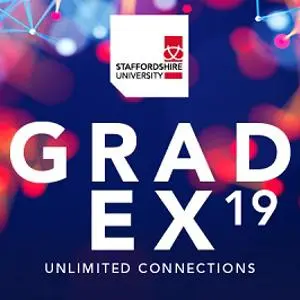GradEX19 graphic with bright pink and blue lights and the words 'Unlimited Connections.'