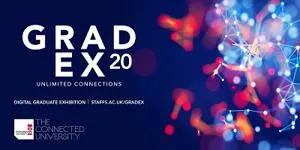 Dark blue GradEX20 graphic with pink and blue lights and the words 'Unlimited Connections.'