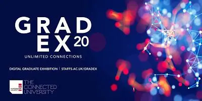 Dark blue GradEX20 graphic with pink and blue lights and the words 'Unlimited Connections.'