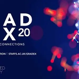 Dark blue GradEX20 graphic with pink and blue lights and the words 'Unlimited Connections.'