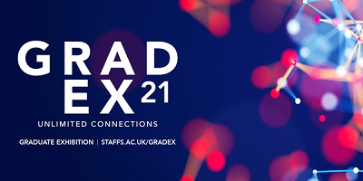 Dark blue GradEX21 graphic with pink and blue lights and the words 'Unlimited Connections.'