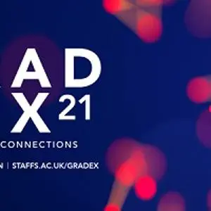 Dark blue GradEX21 graphic with pink and blue lights and the words 'Unlimited Connections.'