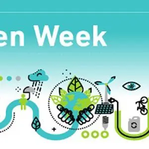 Join us for Green Week graphic showing a car travelling past solar panels and wind turbines as well as trees and weather symbols