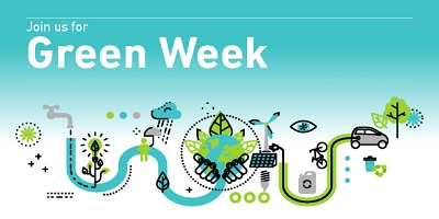 Join us for Green Week graphic showing a car travelling past solar panels and wind turbines as well as trees and weather symbols