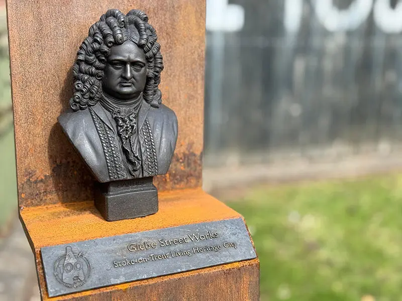 A close up image of one of the trail makers featuring a bust of Josiah Spode