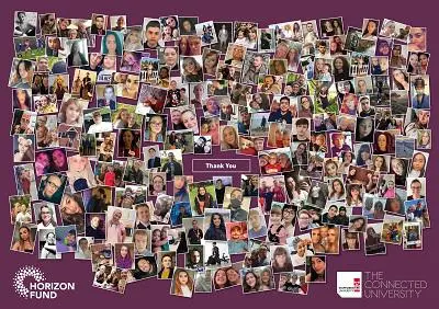 Heart-shaped collage made from hundreds of student portraits with a small 'Thank You' label.