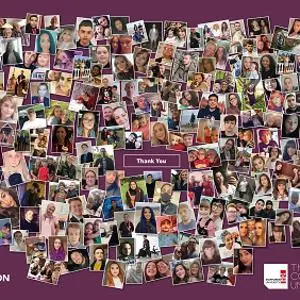 Heart-shaped collage made from hundreds of student portraits with a small 'Thank You' label.