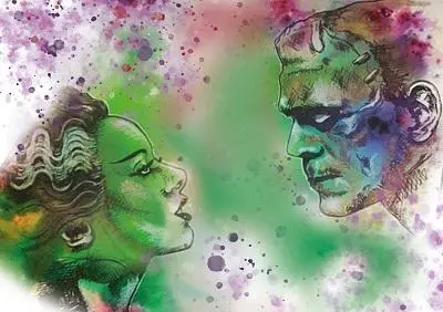 An illustration of Frankenstein's Bride and Frankenstein's monster