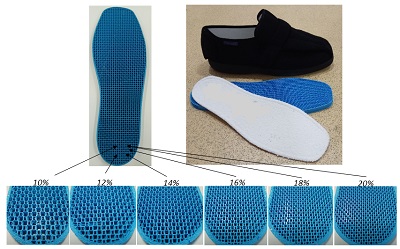 Diagram compares a black shoe and blue 3D-printed insole with enlarged honeycomb patterns.