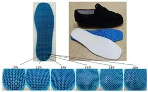 Diagram compares a black shoe and blue 3D-printed insole with enlarged honeycomb patterns.
