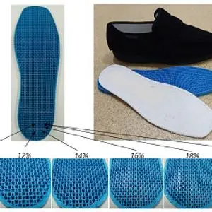 Diagram compares a black shoe and blue 3D-printed insole with enlarged honeycomb patterns.