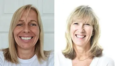 Side-by-side headshots of two smiling blonde women against pale backgrounds.