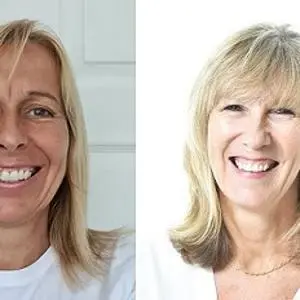 Side-by-side headshots of two smiling blonde women against pale backgrounds.