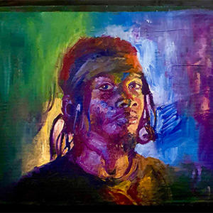 Jeffrey Barnard's self portrait using a mix of green, purple, blue and yellow
