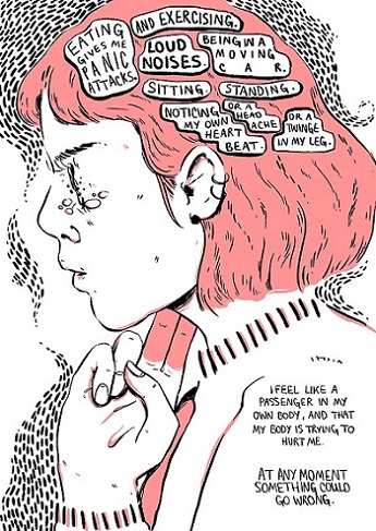 Two illustrated panels depict a worried woman surrounded by anxious thoughts and mental-health notes.