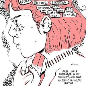 Two illustrated panels depict a worried woman surrounded by anxious thoughts and mental-health notes.