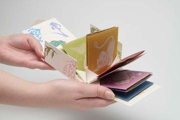 A fold out book of paper samples