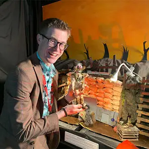 Leo Wright pictured by the set of his animation No Man's Land